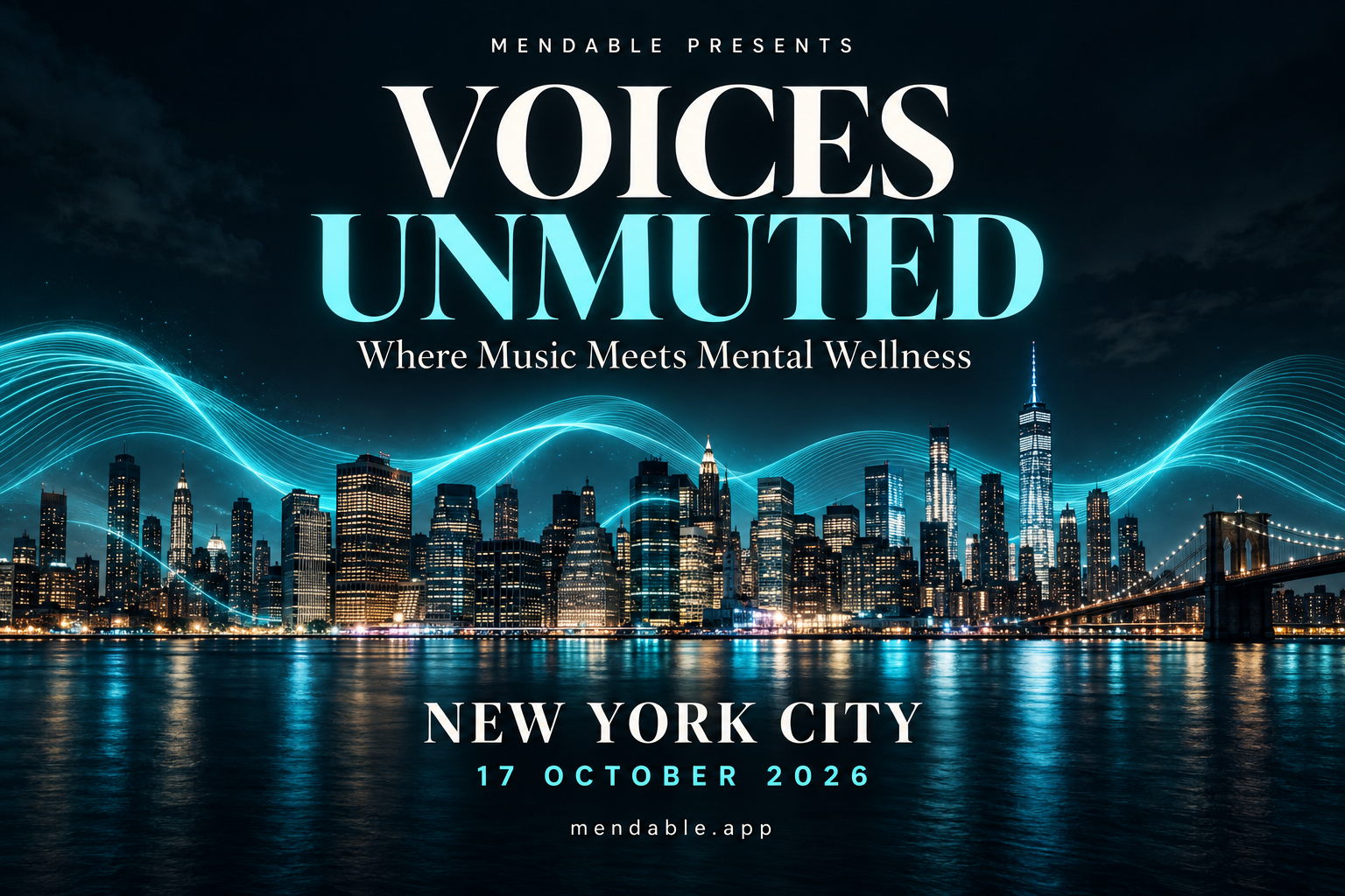 VOICES UNMUTED: Where Music Meets Mental Wellness. New York City, 17 October 2026. Mendable conference artwork with a turquoise skyline and sound waves.